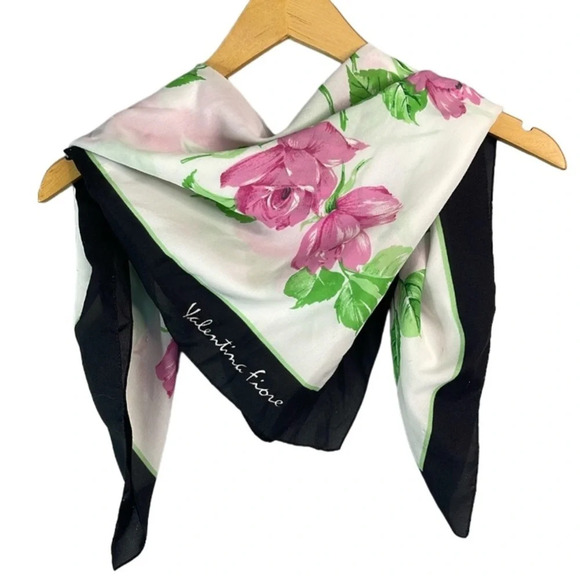 VINTAGE 80’s Valentina Fiore Pink Rose Pattern Print Square Scarf Black Frame - Picture 2 of 9